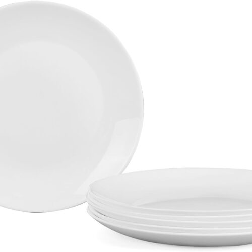 10.5 inch Dinner Plate Set of 6, Lightweight Round Opal Glass White Dinnerware Plates, Dishwasher and Microwave Safe