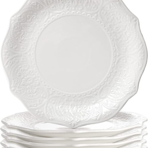 SOUJOY Set of 6 Porcelain Dinner Plate, 10.5'' White Dinner Dish, Embossed Printing Dinnerware Plate for Dinner, Restaurant, Family Party and Kitchen, Microwave, Dishwasher Safe