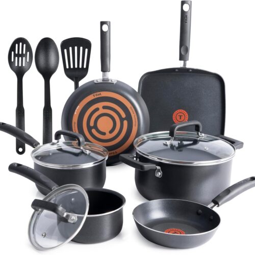 T-fal Signature Nonstick Cookware Set 12 Piece, Oven Broiler Safe 350F, Pots and Pans, Kitchen Cooking Set w/Fry Pans, Saucepans, Saute Pan, Dutch Oven, Griddle, Kitchen, Home, Dishwasher Safe, Black