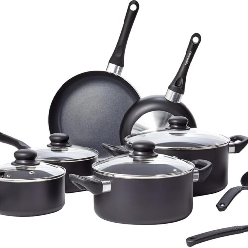 Amazon Basics Non Stick Kitchen Cookware 15-Piece Set, Non-Induction, Includes Pots, Pans, and Utensils, Black