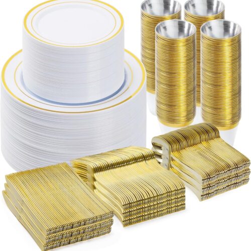 BESTVIP 600PCS Gold Dinnerware Set for 100 Guests, Plastic Plates for Party, 100 Gold Disposable Plates, 100 Dessert Plates, 100 Cups, 100 Spoons, 100 Forks and 100 Knives