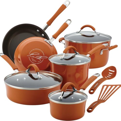 Rachael Ray Cucina Nonstick Cookware Pots and Pans Set, 12 Piece, Pumpkin Orange